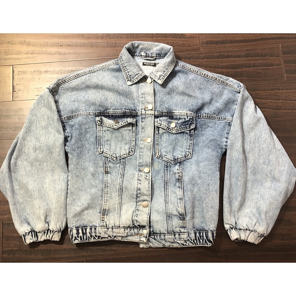 Nasty Gal Jean Jacket Womens 2 Blue Denim Trucker Long Sleeves Pockets